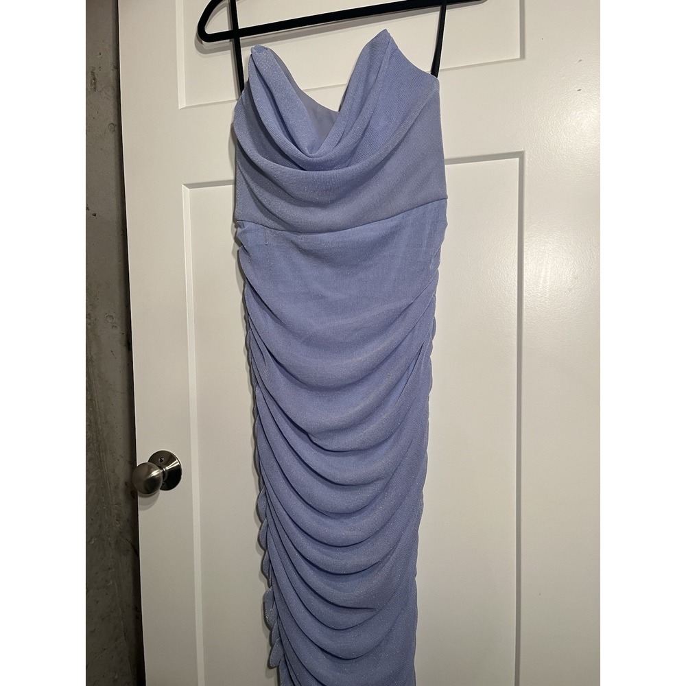 NWT Michael Costello x REVOLVE Ruched Cowl Neck Midi Dress Blue Sz M Bodycon